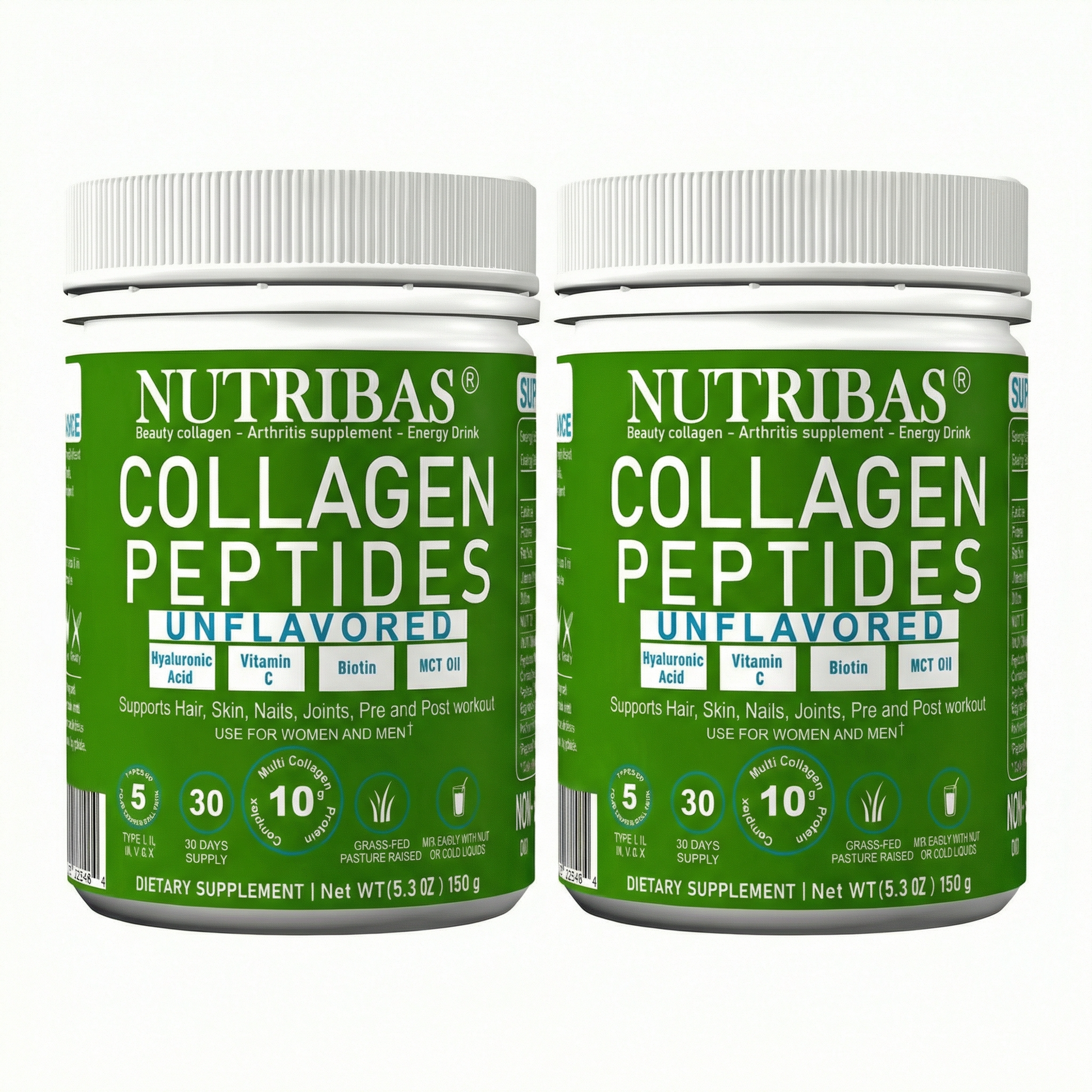 Two bottles of Nutribas Collagen Peptides Unflavored on a white background. Multi collagen protein powder with biotin vitamin c. collagen coffee creamer in morning routine. keto collagen powder for daily wellness. hydrolyzed collagen powder for smoothies. collagen coffee creamer for daily routine
protein coffee creamer with MCT oil
multi collagen protein powder for whole body wellness
collagen for skin hair nails and joints
unflavored collagen powder for coffee and smoothies.