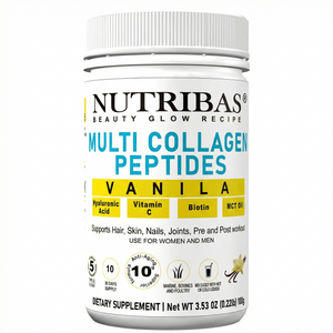Nutribas Multi Collagen Peptides Vanilla dietary supplement container on a white background.Multi collagen protein powder with biotin vitamin c. collagen coffee creamer in morning routine. keto collagen powder for daily wellness. hydrolyzed collagen powder for smoothies. collagen coffee creamer for daily routine
protein coffee creamer with MCT oil
multi collagen protein powder for whole body wellness
collagen for skin hair nails and joints
unflavored collagen powder for coffee and smoothies.