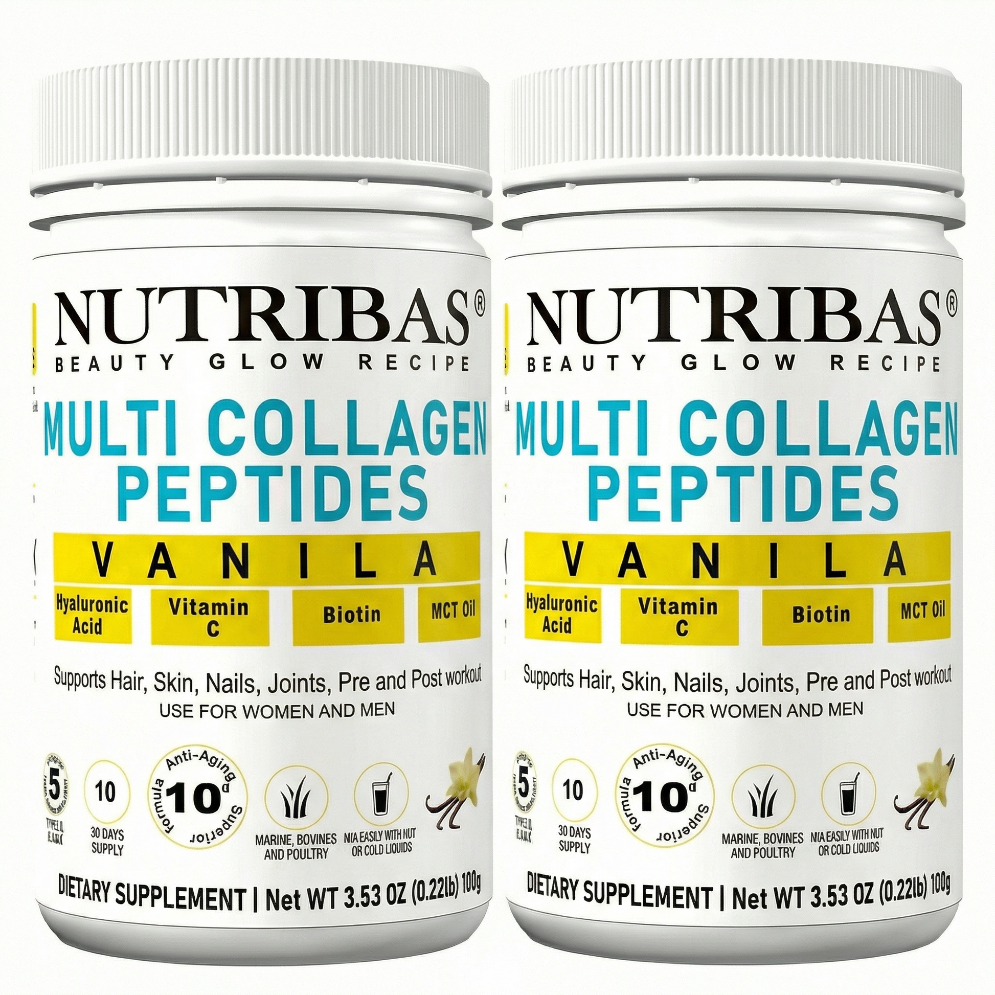 Two bottles of Nutribas Multi Collagen Peptides Vanilla flavor on a white background.Multi collagen protein powder with biotin vitamin c. collagen coffee creamer in morning routine. keto collagen powder for daily wellness. hydrolyzed collagen powder for smoothies. collagen coffee creamer for daily routine
protein coffee creamer with MCT oil
multi collagen protein powder for whole body wellness
collagen for skin hair nails and joints
unflavored collagen powder for coffee and smoothies.