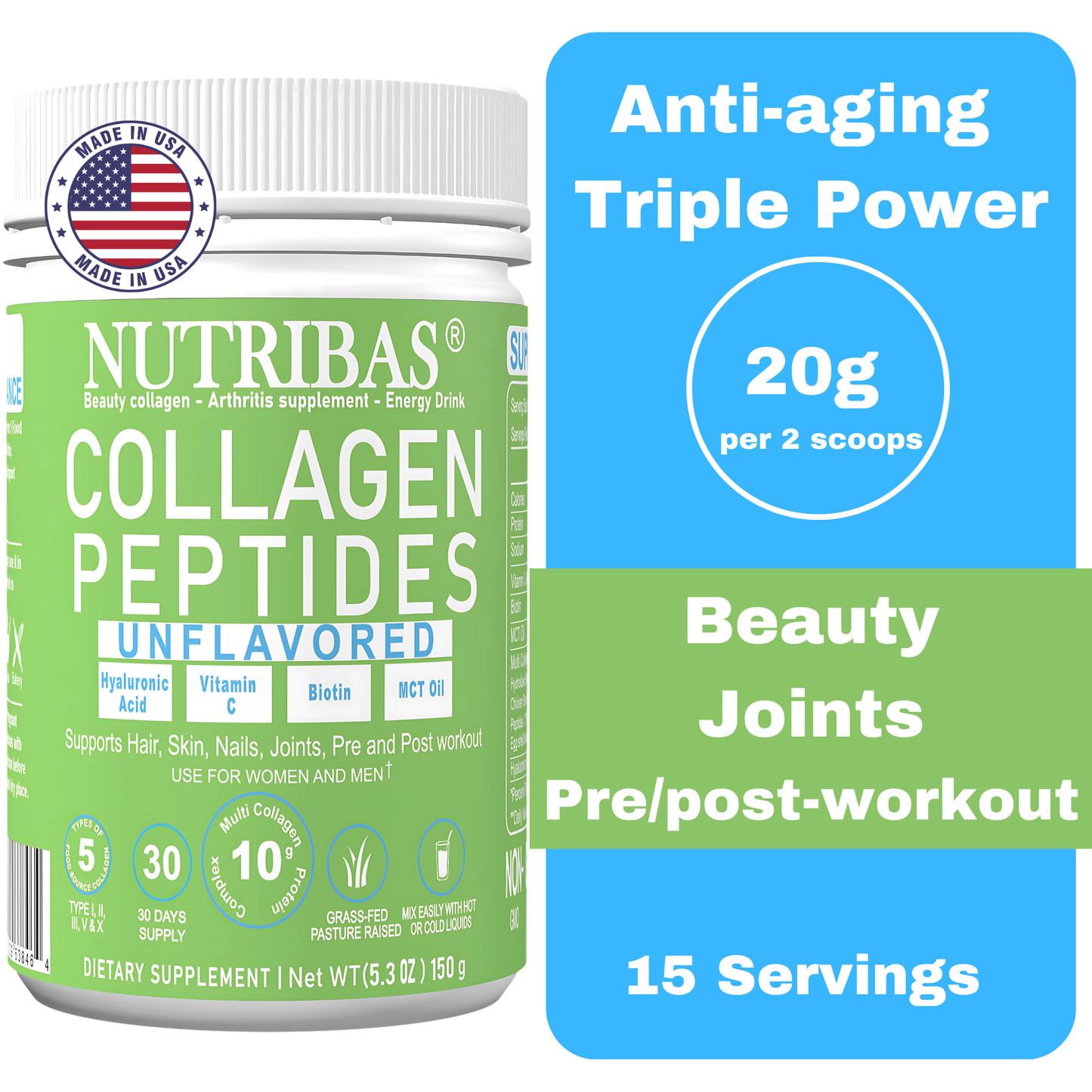 A container of NUTRIBAS Multi Collagen Peptides in Unflavored variety. The label is green and white, and it mentions that the product supports skin, hair, nails, joints, and gut health.