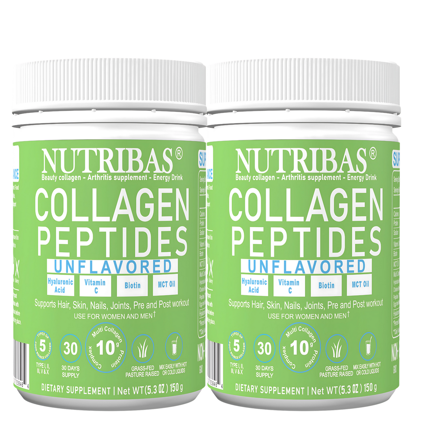 A container of NUTRIBAS Collagen Peptides, unflavored, with green and white labeling, indicating dietary supplement and benefits for skin, hair, joints, and energy.