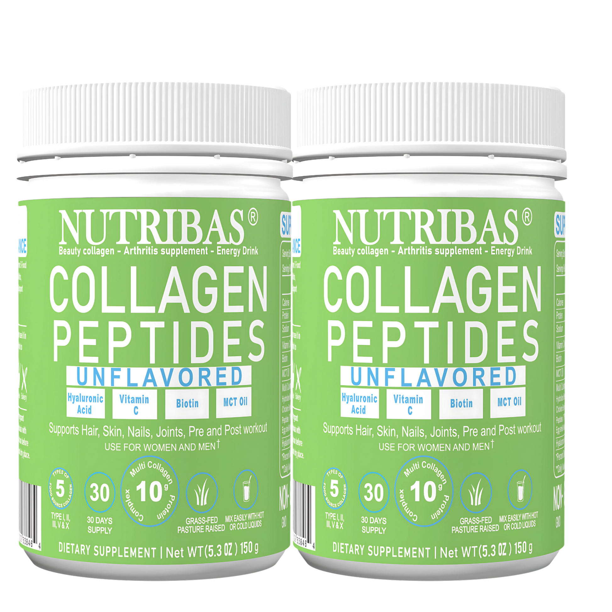 A container of NUTRIBAS Collagen Peptides, unflavored, with green and white labeling, indicating dietary supplement and benefits for skin, hair, joints, and energy.