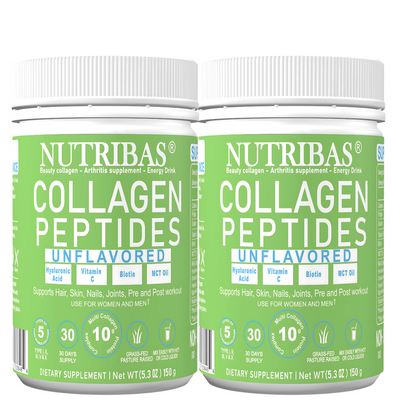A container of NUTRIBAS Collagen Peptides, unflavored, with green and white labeling, indicating dietary supplement and benefits for skin, hair, joints, and energy.