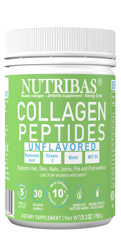 A container of NUTRIBAS Collagen Peptides, unflavored, with green and white labeling, indicating dietary supplement and benefits for skin, hair, joints, and energy.