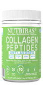 A container of NUTRIBAS Collagen Peptides, unflavored, with green and white labeling, indicating dietary supplement and benefits for skin, hair, joints, and energy.