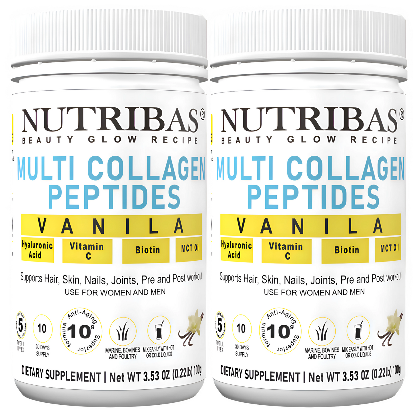 Two bottles of Nutribas Multi Collagen Peptides Vanilla flavor on a white background