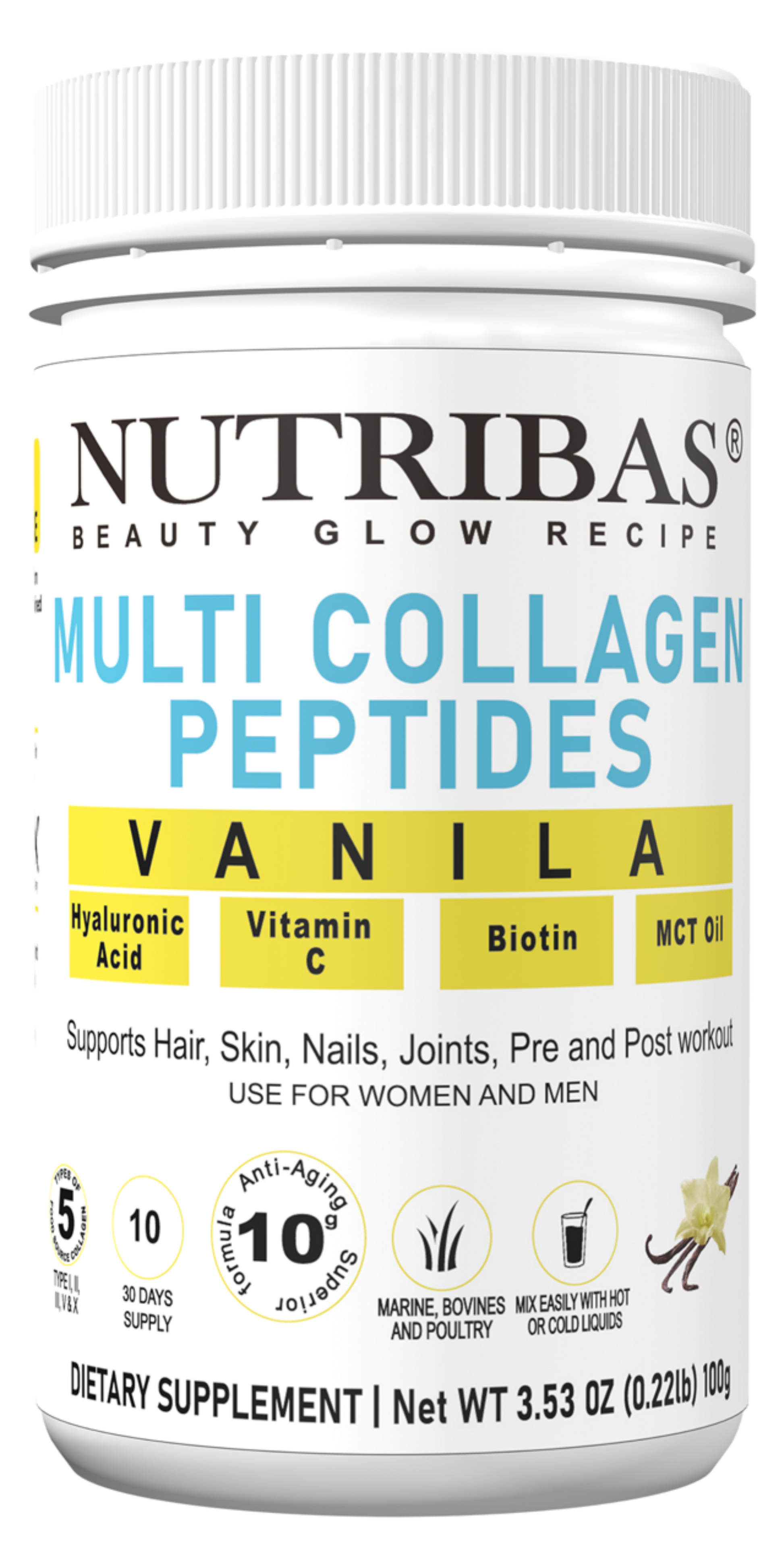 Vanilla multi collagen powder supplement with biotin and vitamin C for hair, skin, nails, and joints